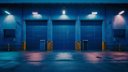 Industrial warehouse doors under watchful lights, secure against vibrant blue - obrazy, fototapety, plakaty