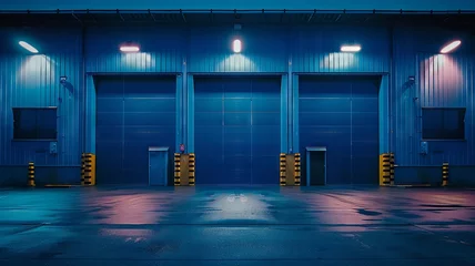Fotobehang Industrial warehouse doors under watchful lights, secure against vibrant blue © Malika