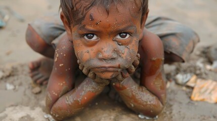 Fototapeta na wymiar A Child's Plight: Hunger and Thirst in a Desolate World Generative AI