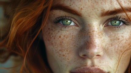 Freckled Beauty: A Close-Up Portrait of a Redhead with Emerald Eyes Generative AI