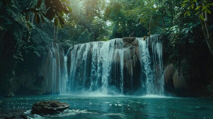Panoramic beautiful deep forest waterfall in Thailand - obrazy, fototapety, plakaty