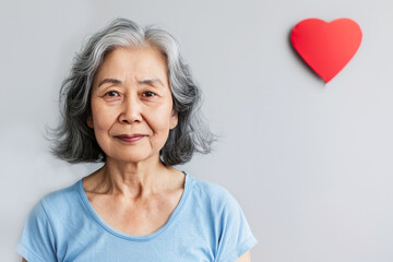 Fototapeta premium Asian senior woman with white hair and smile on light background.