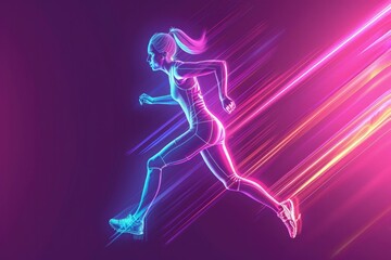 Fototapeta na wymiar woman Running Neon Light Art, Woman Sprinting Abstract Art, Runner Illustration, Line Drawing, Fast Athlete Portrait, Colorful Design, Track and Field, Fast, Sprints