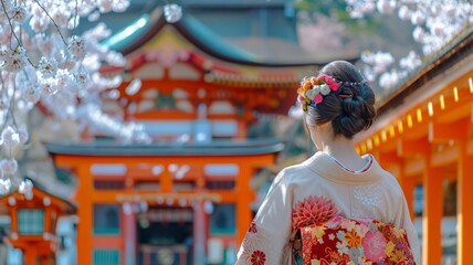 Japanese woman in kimono at Rokusanno Shrine during cherry blossom season in full bloom in Kyoto Japan