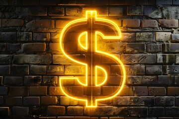 Simbolo de dinero, iluminación con luz led amarilla en una pared de ladrillos obscura. Concepto de economia - obrazy, fototapety, plakaty