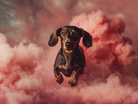 Dog running through cloud of smoke, generative ai image