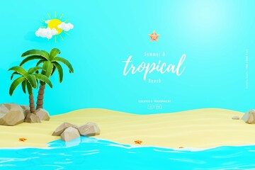 Fototapeta na wymiar Summer Background Template Composition With Sandstones Palm Trees Cute Beach Objects 3