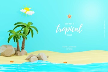 Fototapeta na wymiar Summer Background Template Composition With Sandstones Palm Trees Cute Beach Objects