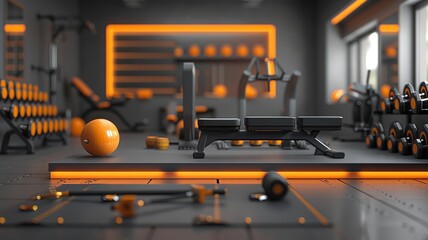 Orange accents pop against the monochrome gym setup, inviting a healthy routine