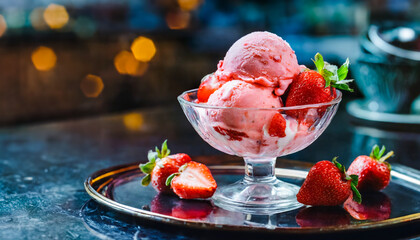 Strawberry-flavored ice cream served in a glass bowl photographed in an upscale cafe. - obrazy, fototapety, plakaty
