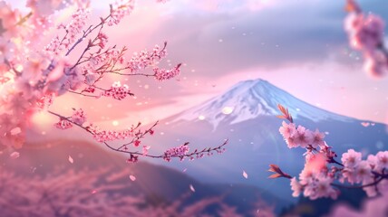 Mount Fuji and cherry blossoms in spring in Japan