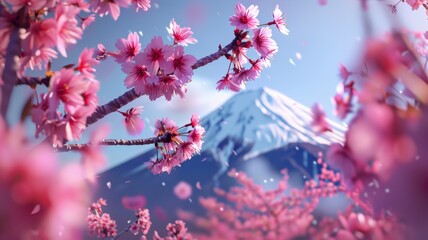 Mount Fuji and cherry blossoms in spring in Japan