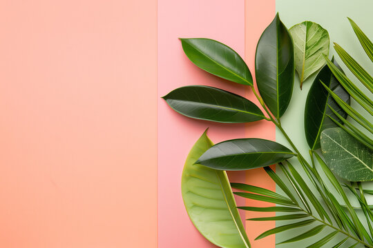 Fresh green leaves against a dual-toned pink and peach background, creating a vibrant and modern aesthetic