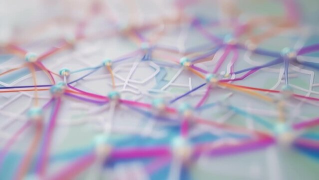A focused image of a map with colorful lines connecting production facilities to local distribution centers symbolizing the decrease in longdistance transportation and ociated