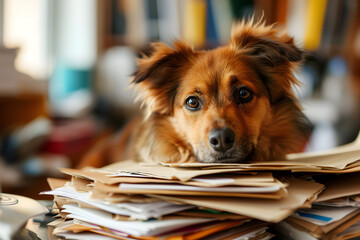 dog in an office, overwhelmed by a mountains of paperwork. Neural network generated in January 2024. Not based on any actual scene or pattern.