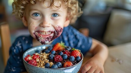 Messy Child Enjoying a Healthy Breakfast Generative AI