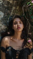 Fototapeta na wymiar Beautiful Latina Woman Background in the Style with Nature Reclaiming the Ruins of Civilization around Her with Vines and Wildflowers created with Generative AI Technology