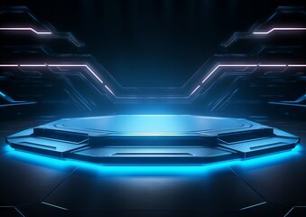 Obraz premium Futuristic circle pedestal stage for product display blue color neon light