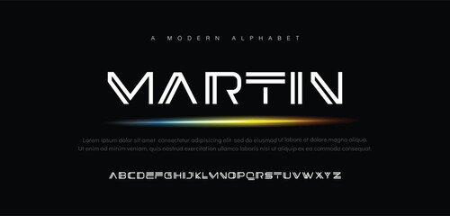 Martin Modern abstract digital alphabet font. Minimal technology typography, Creative urban sport fashion futuristic font and with numbers. vector illustration - obrazy, fototapety, plakaty