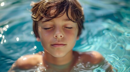 Fototapeta na wymiar Young Boy Enjoys a Relaxing Dip in the Pool Generative AI