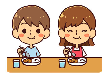 笑顔でカレーを食べる子供たち　イラスト素材