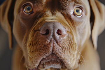 Close-up of a brown dog’s face, expressive eyes, moist nose, and detailed fur - obrazy, fototapety, plakaty