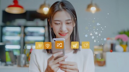 Asian woman holding mobilephone and credit card with various icon concept payment pay for food house, car, water, electricity, telephone bills