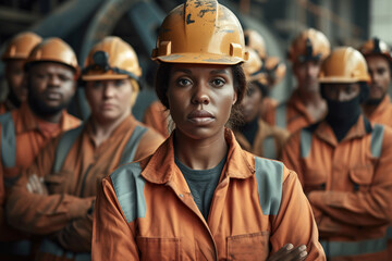 Portrait of a serious looking Afro-American woman in work clothes and a helmet. In the background, other colleagues in work clothes.