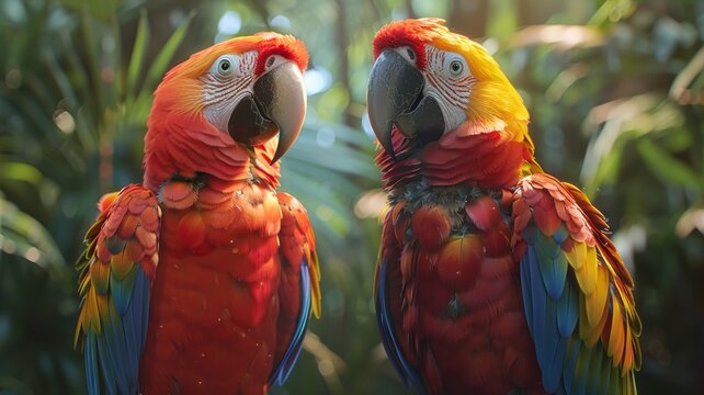 Colorful parrots side by side in lush tropical setting