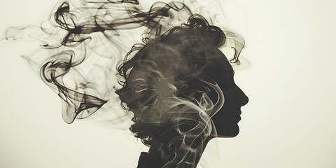black smoke is blowing out of the top and the bottom in the style of abstract portraits A woman with long hair and a white background that says quota smoke quit  woman with smoke coming out of her hea - obrazy, fototapety, plakaty