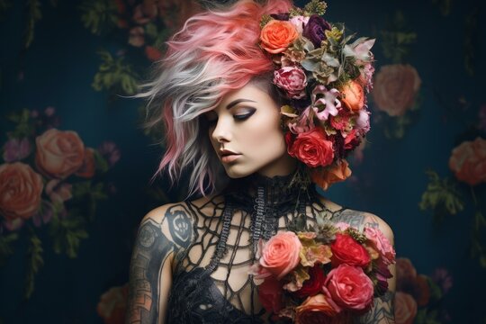 Vibrant Punk woman flowers. Summer art model. Generate Ai