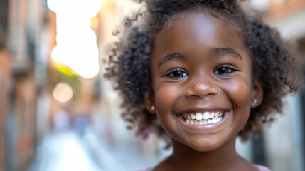 Joyful African American Girl Smiling in the City Generative AI - obrazy, fototapety, plakaty