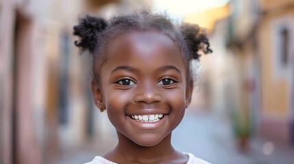 Joyful African American Girl Smiling in the City Generative AI - obrazy, fototapety, plakaty