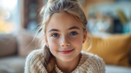 Cheerful Young Girl Posing at Home Generative AI - obrazy, fototapety, plakaty