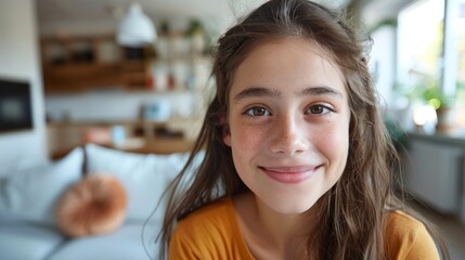 Cheerful Young Girl Posing at Home Generative AI - obrazy, fototapety, plakaty