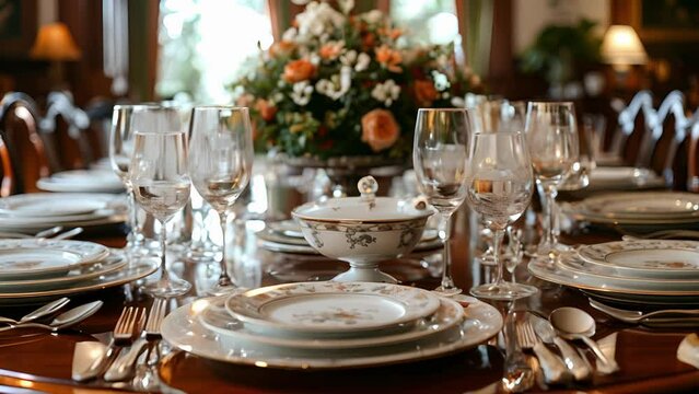 An elegant dining room table set for an estate sale adorned with heirloom silverware and antique place settings.