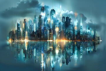 Urban Skyline at Night, Cityscape with Neon Lights, Modern Architecture and Metropolitan Design