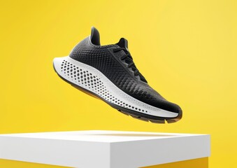 Running shoes black white color on white podium stage display with yellow background - Powered by Adobe