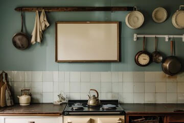 charming kitchen setting with a green cabinet and hanging copper pots, a wooden countertop under a blank canvas, and an assortment of wooden spoons in a container