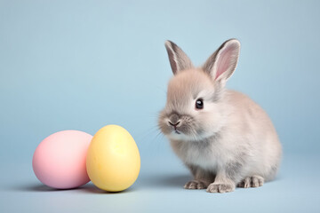 Fototapeta premium Cute small bunny next to large Easter eggs in front of blue studio background