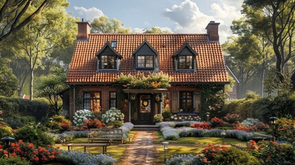 1h Typical dutch garden with house in background. Sunny light. Photorealistic. - obrazy, fototapety, plakaty