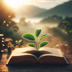 a little plant growing from a open book in the morning