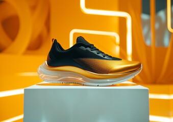 Black gold sneakers shoes on white podium stage display with yellow background