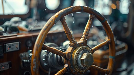 Classic nautical steering amid high-tech marine equipment - obrazy, fototapety, plakaty