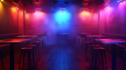 Nightclub's calm before the storm, with colorful lighting and vacant tables