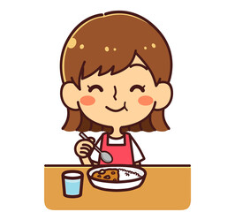 笑顔でカレーを食べる女の子　イラスト素材