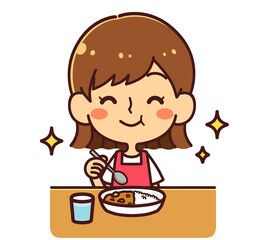 笑顔でカレーを食べる女の子　イラスト素材