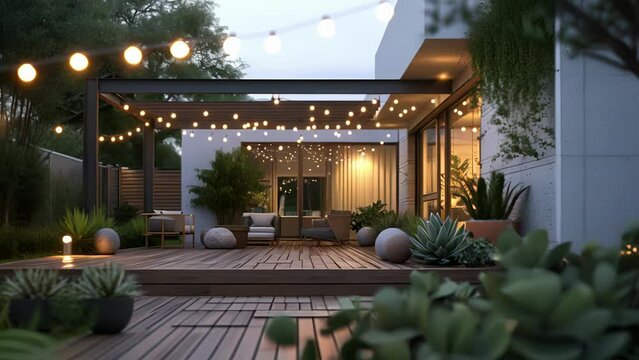A minimalistic yet inviting home showcasing a Scandinavian exterior with a sleek white and grey color scheme a wooden deck adorned with string lights and a neat and simple