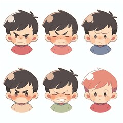 Set of Cute Cartoon Boy Faces Showing Different Emotions and Expressions