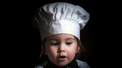 Adorable Child in Chef Hat Posing with Culinary Inspiration on Black Background